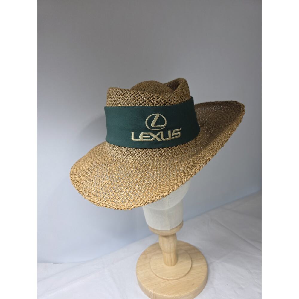 Vintage Lexus Straw Fedora Hat Green Banding & Gold Embroidery Luxury Car Golf
